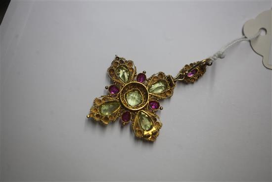 A late Victorian gold, ruby and green chrysoberyl set cross pendant, 2.5in.